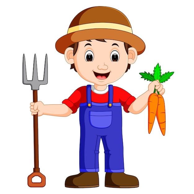 cartoon young farmer holding rake