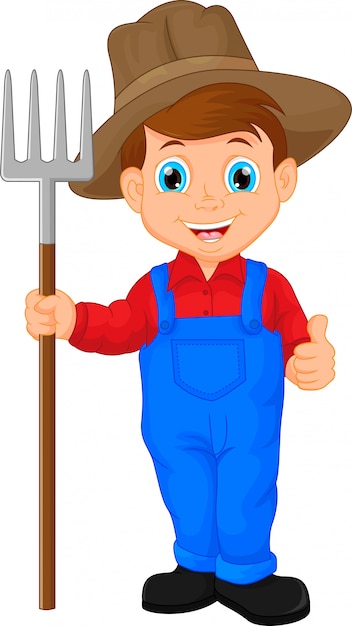 Cartoon young farmer holding rake