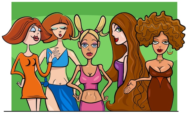 Vector cartoon young girls or women comic characters group