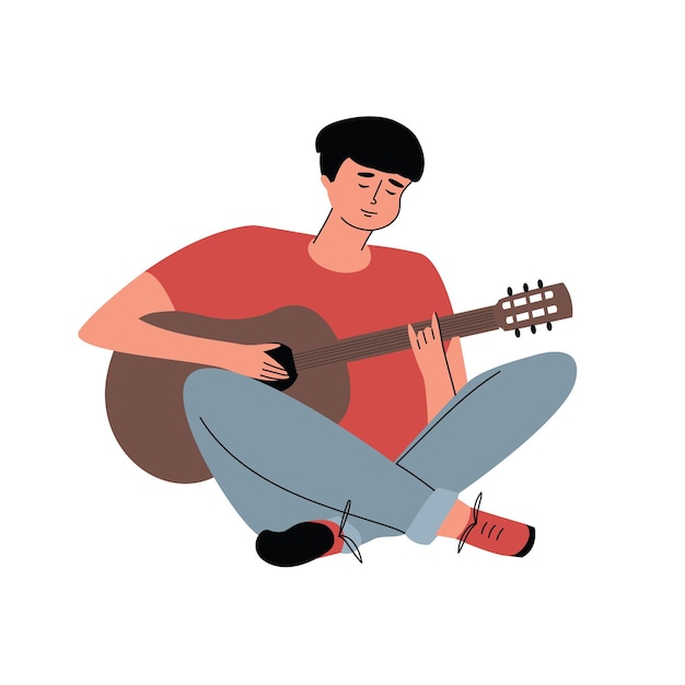 Cartoon young guy playing guitar. a hand-drawn man is sitting with a musical instrument in his hands. love of music. colorful vector illustration on an isolated white background.