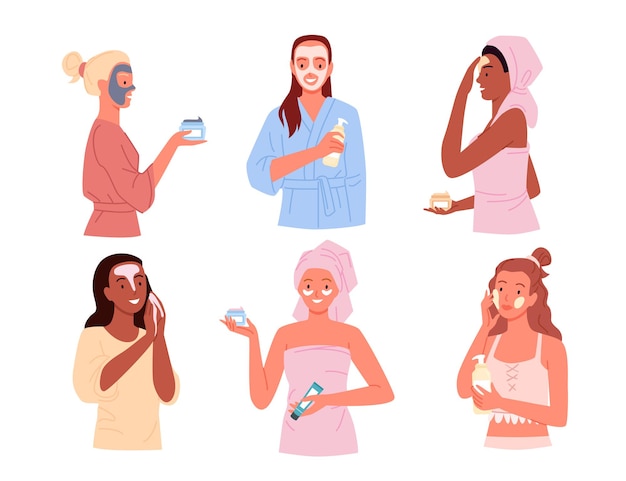 Vector cartoon young happy beautiful female characters clean and care face skin, wearing towel or bathrobe after shower, spa treatments in bathroom background.