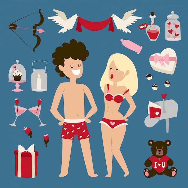 Cartoon young lovers couple with love symbols