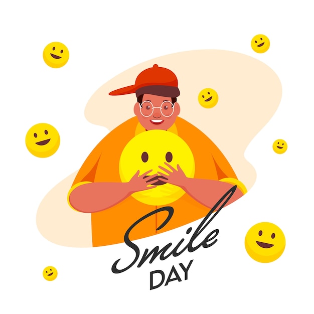 Cartoon young man holding smiley emoji su sfondo bianco per smile day.