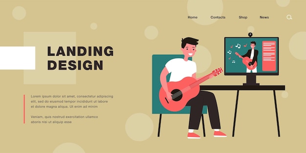 Cartoon young man learning playing guitar online. Flat vector illustration.
Young man watching musical lessons on guitar play in Internet. Hobby, art, music, modern technology concept for banner desig