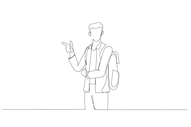 Cartoon of young man pointing surprised by something or someone one continuous line art style