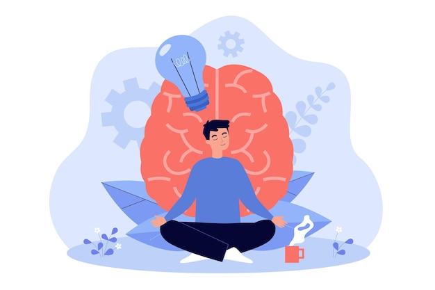 Cartoon young man practicing meditation flat illustration