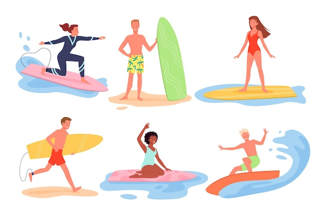 Cartoon young man woman characters in bikini surfing on surfboards float on ocean wave summertime cr