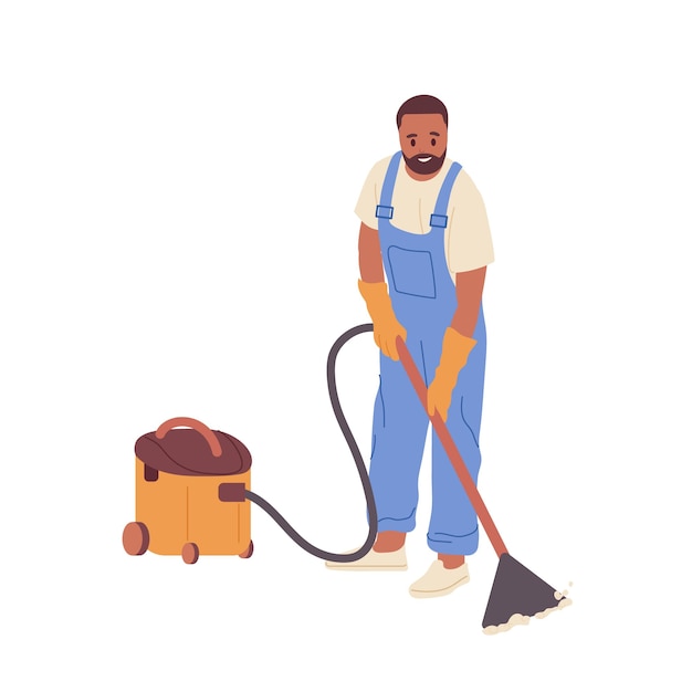 白で隔離床を掃除機をかけるクリーニング サービスの制服を着た漫画の若い男性労働者のキャラクター