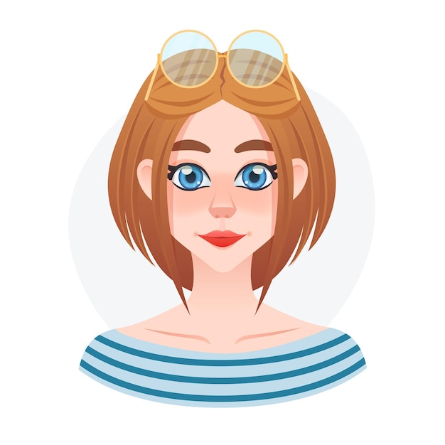 Vector cartoon young pretty sailor girl avatar beaulifull doll with sunglasses on top head lady style short hair