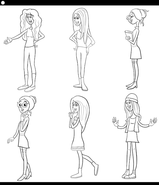 cartoon young woman funny characters set coloring page