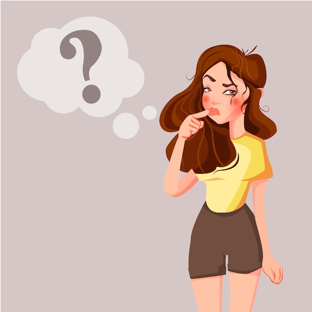 Vector cartoon young woman is thinking.