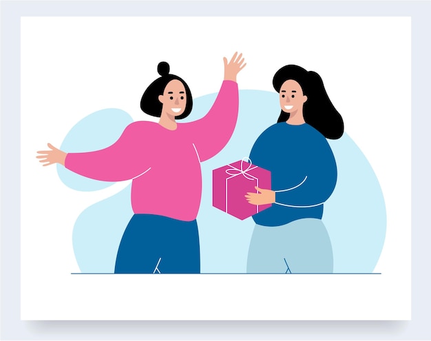 Cartoon young woman received present with love. happy girl gives big gift surprise. vector character illustration.