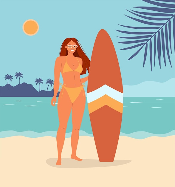 Cartoon young woman standing with surfboard beach scene vector flat illustration