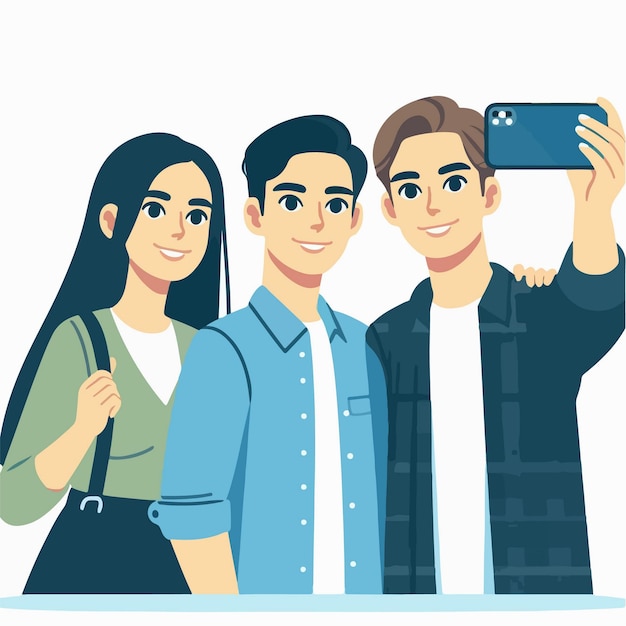 Cartone animato di un gruppo di giovani che si fanno un selfie con uno smartphone in uno stile di design piatto