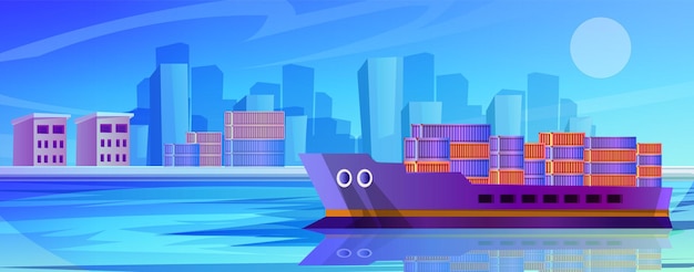 Cartoon zakelijke vracht vrachtschip met container internationale scheepvaart oceaanhaven vervoer schip commerciële levering goederen export vector illustratie