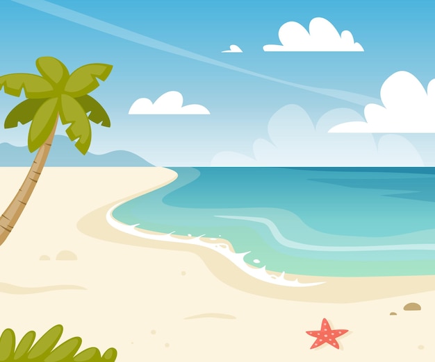 Vector cartoon zeekust met palm paradijs tropisch strand achtergrond zomer azuurblauw zeegezicht