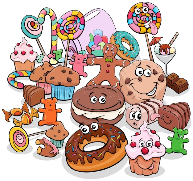 Cartoon zoet voedsel objecten tekens groep