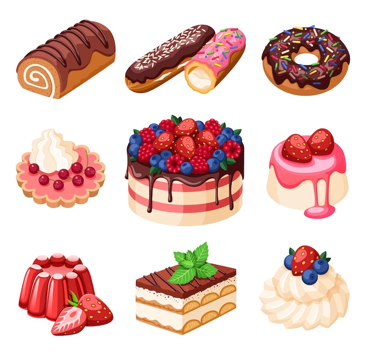 Vector cartoon zoete taarten 3d-fruitcake geïsoleerd verse cupcake verjaardagsdessert romige muffin en bakkerij cafe of cafetaria opzichtig vectorobjecten