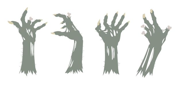 Cartoon zombie arms Halloween creepy bony hands living dead monsters scrawny hands Horror zombie hand flat vector illustration set