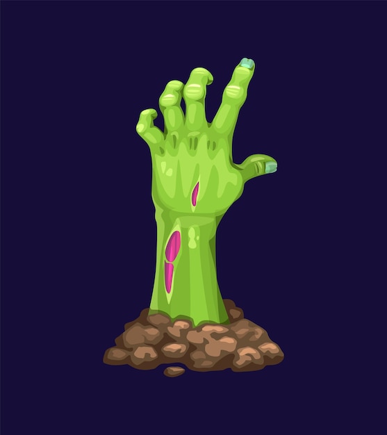 Вектор Мультяшная рука зомби торчит из земли, ее разложившиеся и зеленые пальцы хватаются за что-то изолированный вектор мертвое тело или ладонь трупа с разорванной кожей и гнилой плотью, торчащей из почвы