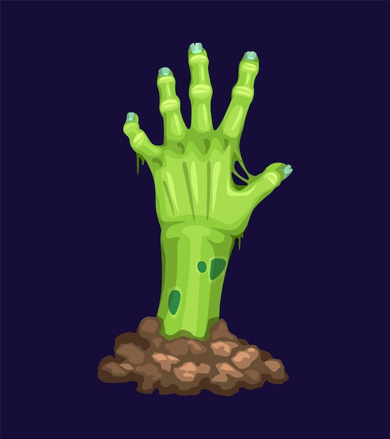 Cartoon zombie hand voor Halloween dode monster arm reikend van graf vector lijk Horror nacht vakantie zombie handen met rotte groene huid en botten op kwade begraafplaats of griezelig kerkhof