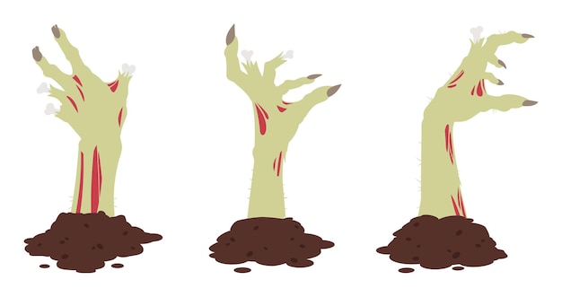 Cartoon zombie hands Spooky monsters bony scrawny arms sticking out of ground Halloween creepy hands silhouettes flat vector illustration set