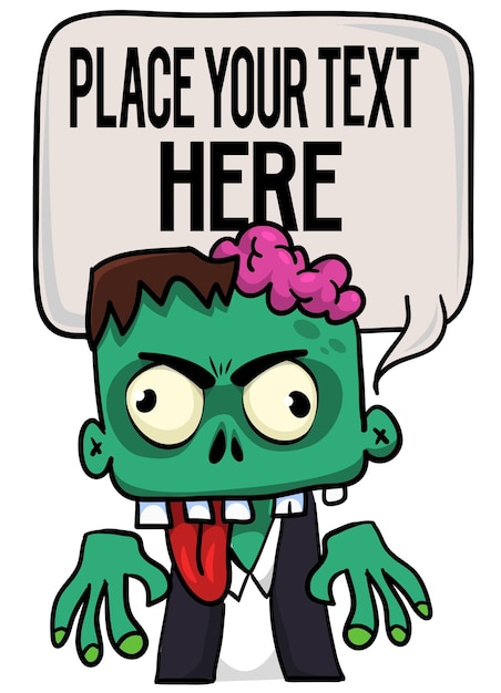 Cartoon zombie holding blank paper banner for text Vector illustration Isolated on the white background Halloween design element for banner postcard poster