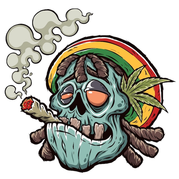 Vector cartoon zombie smokes a cigarette with marijuana rastaman cannabis leaves print for tshirts