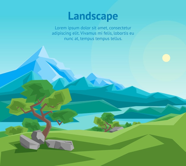 Cartoon zomer berg en rivier op een landschap achtergrond kaart Poster Vector