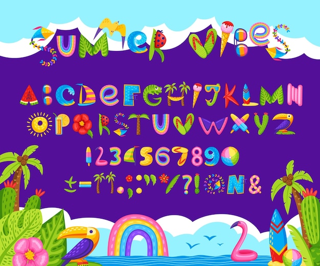 Cartoon zomer lettertype strandfeest type tropische vakantie en vakantie lettertype vector alfabet Zomer lettertype typografie letters van zee en jungle tekst kleurrijke regenboog Abc type strand en palmen