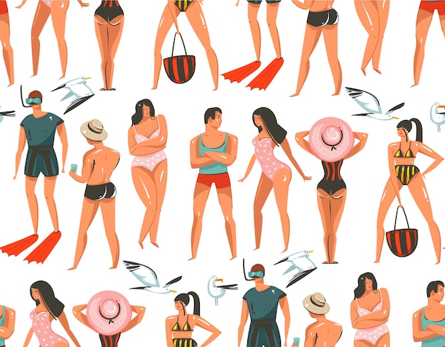 Vector cartoon zomertijd grafische illustraties naadloze patroon kunst met karakters van strandmensen