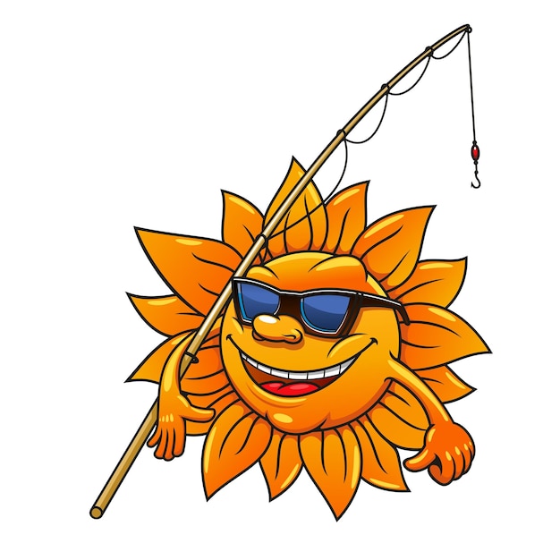 Vector cartoon zon in zonnebril met hengel