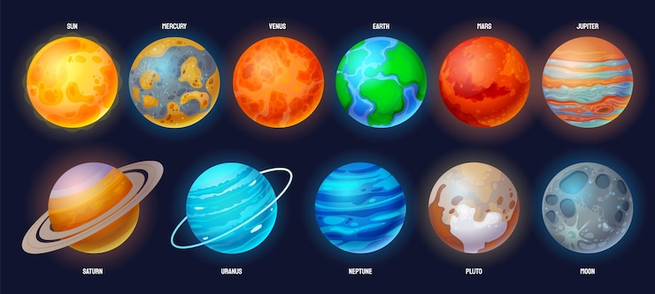 Vector cartoon zonnestelsel planeten astronomie set met zon mercurius venus aarde mars jupiter saturnus uranus neptunus pluto en maan vector illustratie set