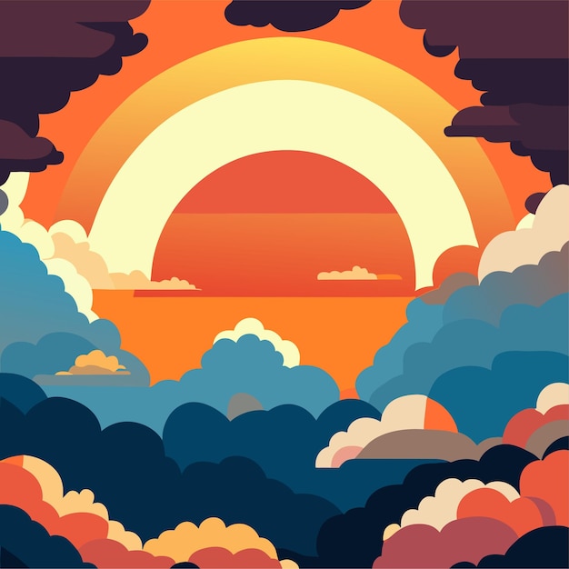 Vector cartoon zonsondergang of zonsopgang gradiënt hemel met wolken en zon