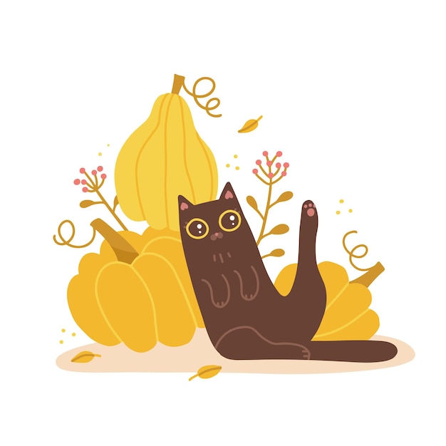 Cartoon zwarte kat zit met pompoenen grappige kat met grote gele ogen zit in de buurt van een grote pompoen iso