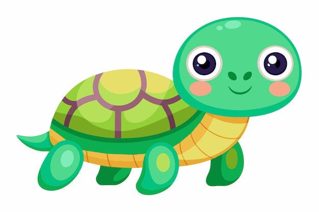 Vector cartoonbeeld van een glimlachende groene schildpad met grote ogen en een bruine en gele schelp