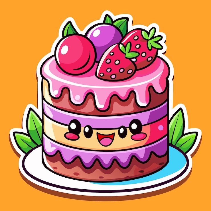 Vector cartoonillustratie van een gelukkige taart met roze glazuur en vers fruit bovenop