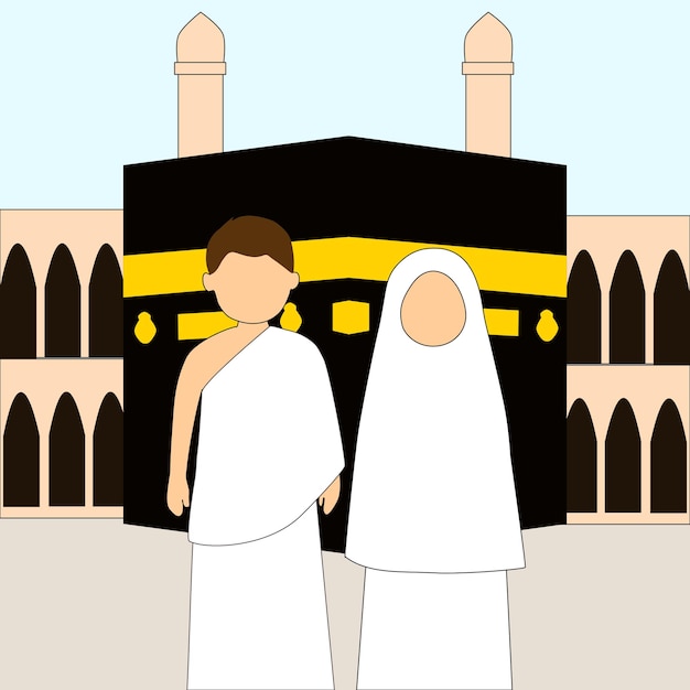 cartoonillustratie van moslimpaar in ihram met Kaaba-achtergrond