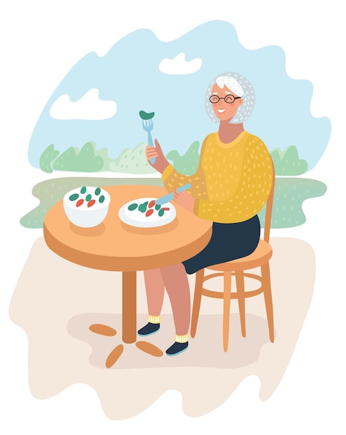 Cartoonillustratie van oudere vrouw die haar gezonde maaltijd aan tafel neemt