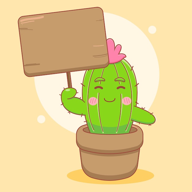 cartoonillustratie van schattig cactuskarakter met leeg bord