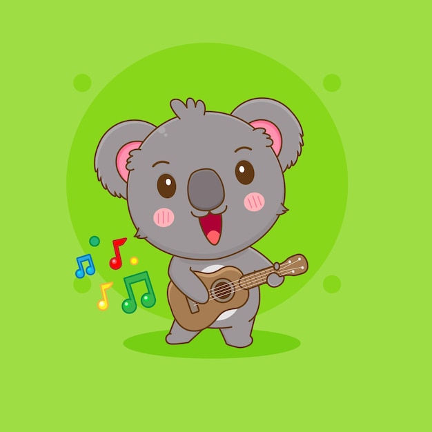 cartoonillustratie van schattig koalabeerkarakter dat gitaar speelt playing