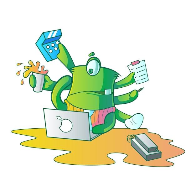 Cartoonillustratie van schattig monster doet multitasking