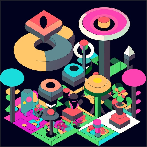 Vector cartoonish bloomscape isometric whimsical garden with bold joy