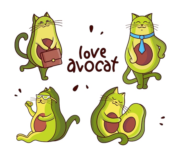 Vector cartoonish cats love avocado and healthy lifestyle.