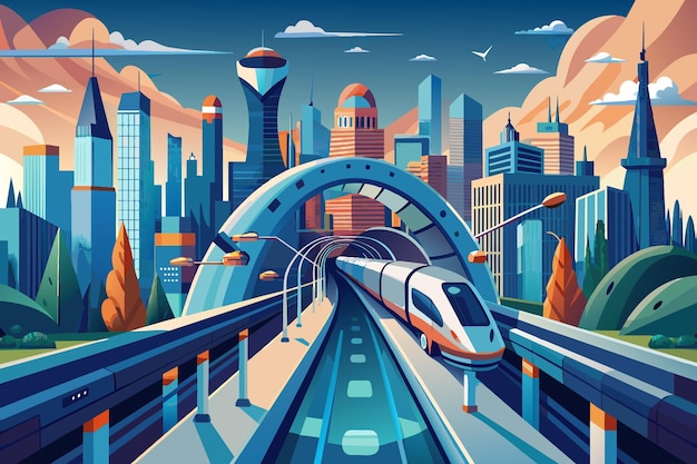 A cartoonish cityscape with a train running through it