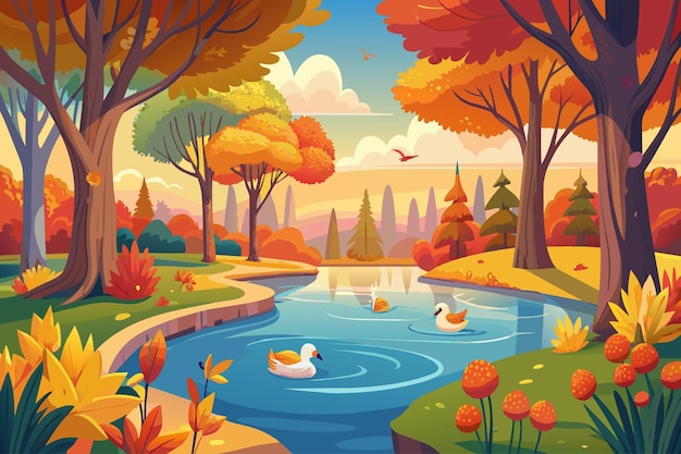 A cartoonish drawing of a forest with a river and ducks swimming in it