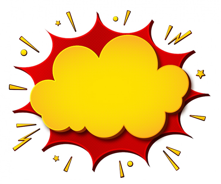 Vector cartoonish yellow-red comics banner щи white background. boom of speech bubbles