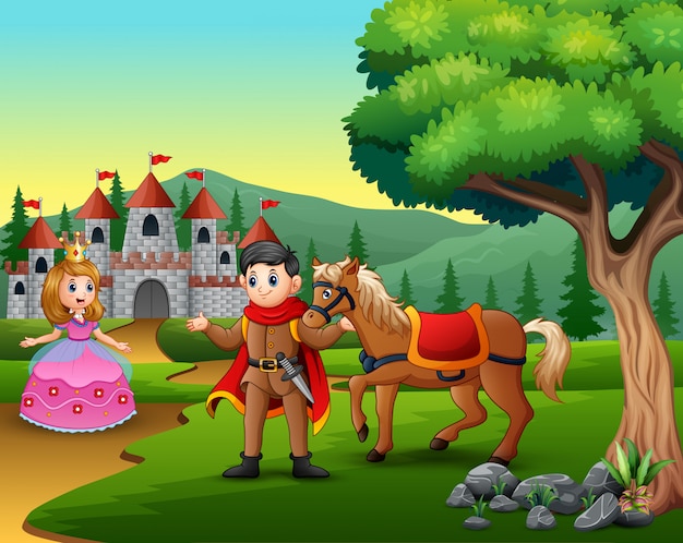 Cartoonprins en prinses op weg naar het kasteel