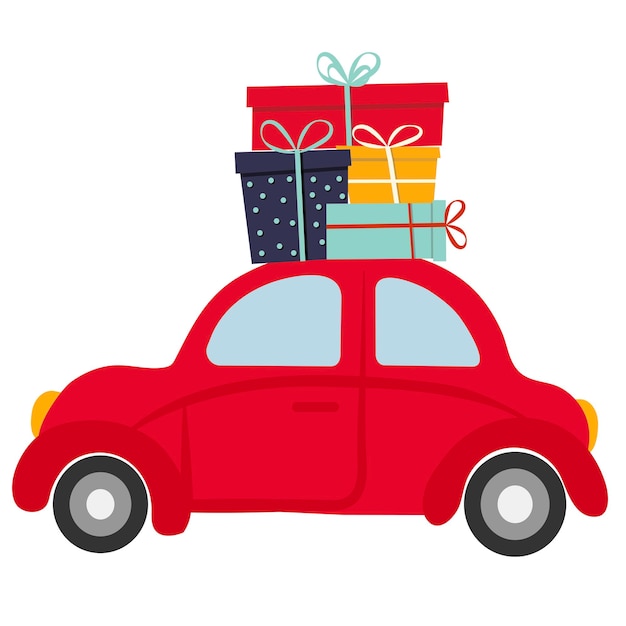 Cartoons restro car with gift box and presents Vector illustrationxA