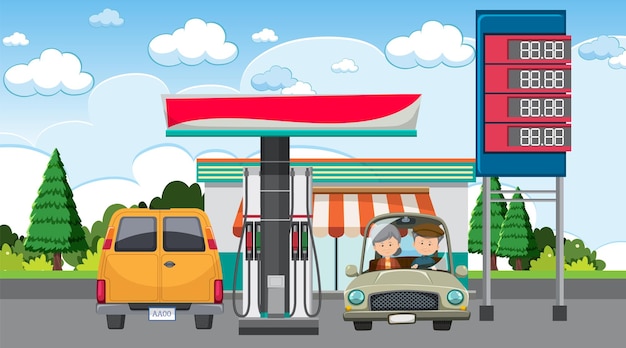 Cartoonscène bij tankstation